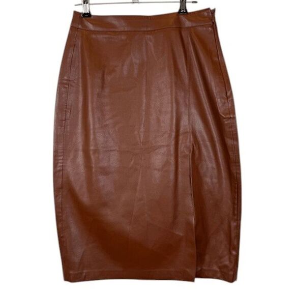 Jason Wu Faux Leather Pencil Skirt Cognac Brown Offset front slit Size XS - Picture 1 of 10